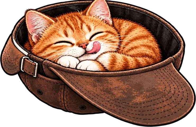 CAPCAT sleeping curled up inside the cap